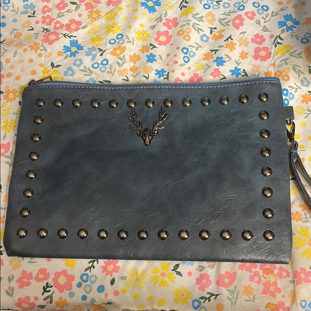 Studded Blue Clutch with Deer Accent